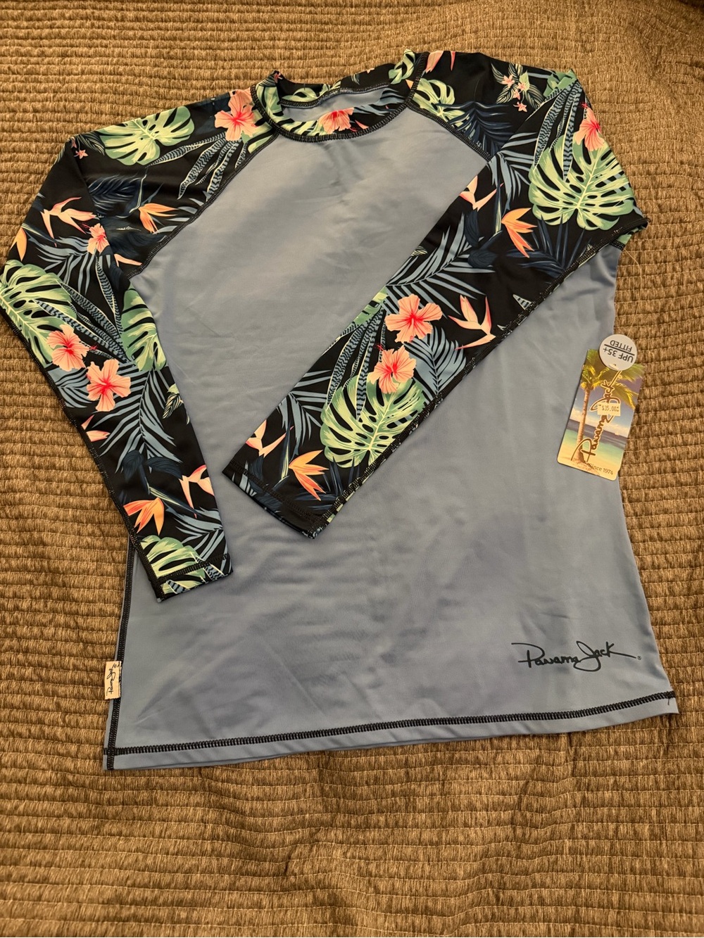 Panama Jack Women's Blue Rash Guard with Tropical Print Sleeves, Sz L